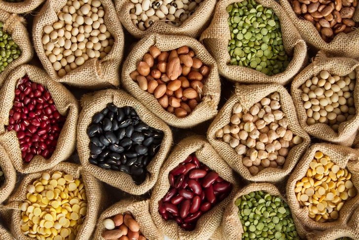 Legumes bean seed in sack, top view